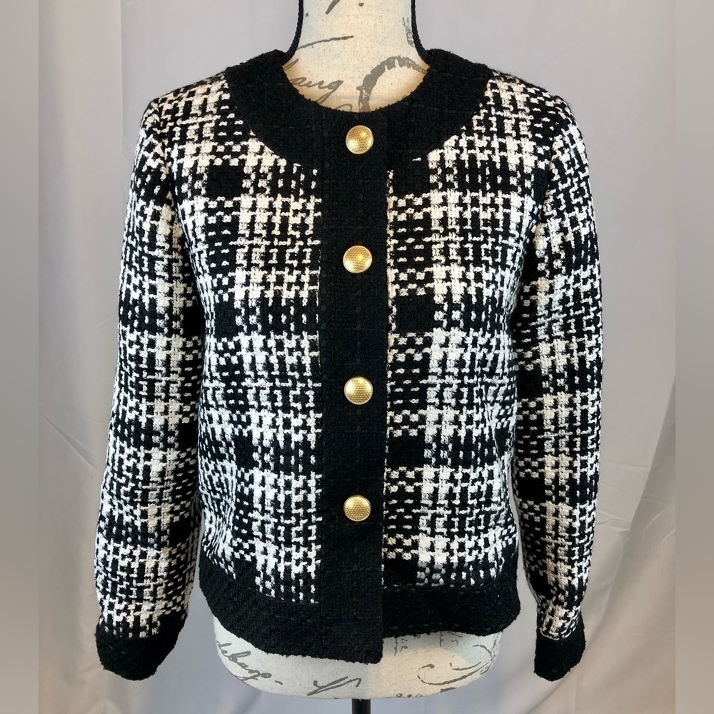 Zara Black and White Houndstooth Cardigan Jacket Long Sleeve and Gold Buttons XS